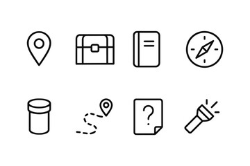 Minimalist adventure icons set featuring maps, compass, and tools