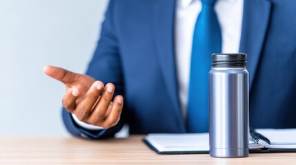 A business professional gestures while seated at a desk, accompanied by a sleek thermos and notebook.