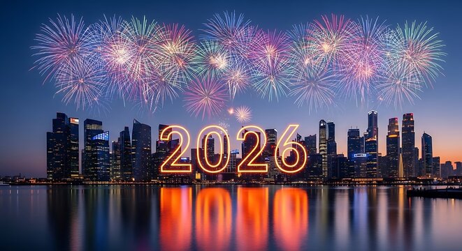 New year 2026 celebration with fireworks over city skyline at night