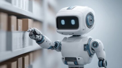 Friendly robot interacting with cardboard boxes on warehouse shelf, showcasing advanced technology in logistics and automation 4k video footage - Powered by Adobe
