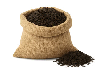 Dried Tea Leaves in Rustic Burlap Bag with Additional Heap Isolated on Clear Transparent Background, Burlap Sack Filled with Dried Loose Tea Leaves and Side Pile for Ingredient Branding, PNG