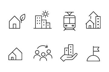 Minimalist urban icons set featuring buildings, transportation, and community symbols
