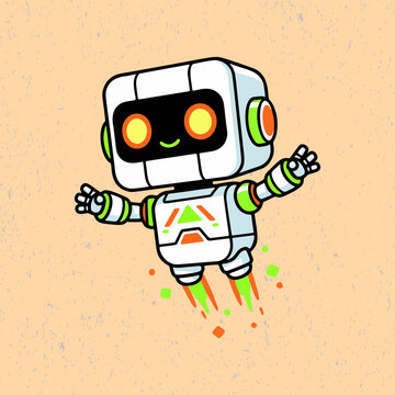 Smiling cartoon robot demonstrating its powerful abilities using light trails and energy effects in a clean, colorful vector composition.