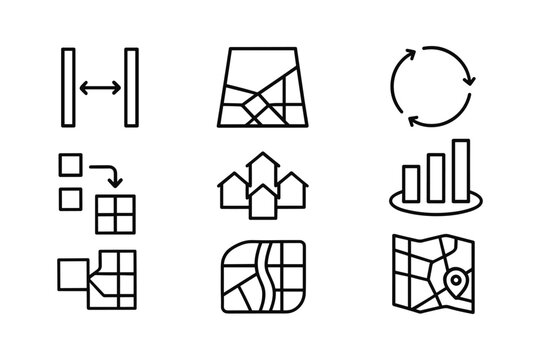 Minimalist line icons of maps and infographics