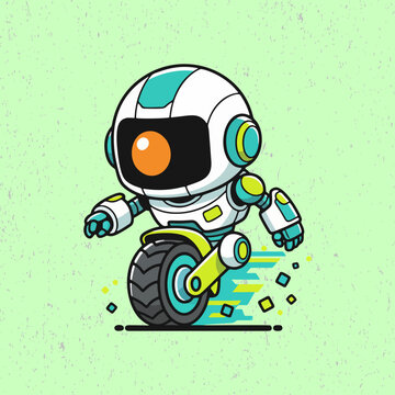 Charming robot character demonstrating its power in a bright, friendly flat design featuring energy waves and a cheerful animated pose.
