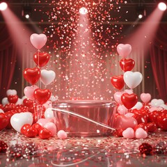 Romantic Stage Presentation: Confetti Explosion and Heart Balloons Surrounding a Clear Podium on a Red-Draped Stage