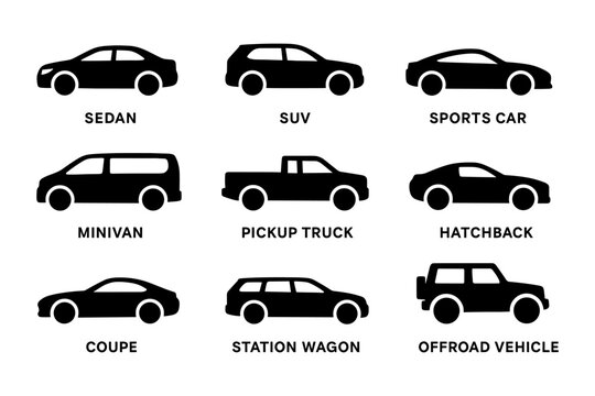 Various vehicle silhouettes: car types including sedan, suv, sports car, and more