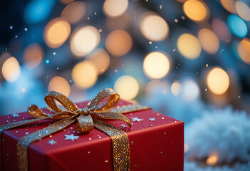 A close-up of a red gift box with a gold glitter ribbon on soft white material against a bright, magical bokeh background.