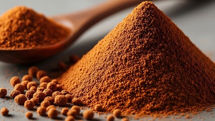 Close up of a pile of ground paprika spice and whole peppercorns