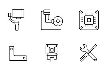 Technology and tools icons set: camera, circuit, and tools in minimalist line art