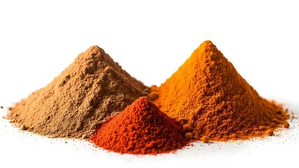Three colorful piles of ground spices on a white background