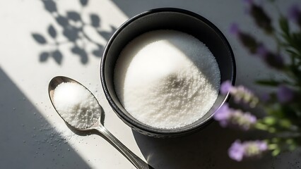 Collagen powder in a container with a spoon and lavender sprigs