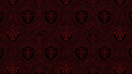 Dark red fleur de lis pattern with shield shapes and intricate floral designs creating a gothic texture