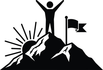 Silhouette of a person reaching the summit with flag and sun
