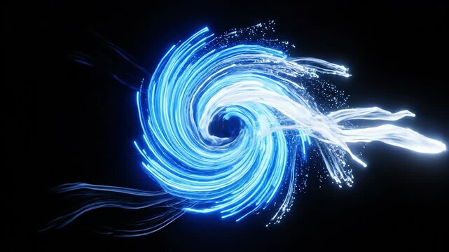 Abstract blue energy trail morphing into swirling vortex animation. Glowing light effects sequence for digital sci-fi visuals and motion graphics.
