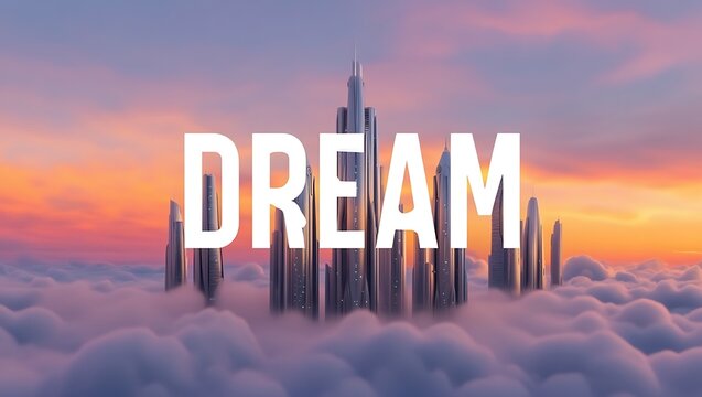 Surreal view of a utopian metropolis floating on clouds during a vibrant sunset, symbolizing hope, ambition, and future success