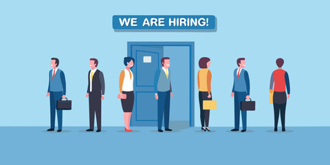 Diverse group of professionals waiting for job interviews with a hiring sign