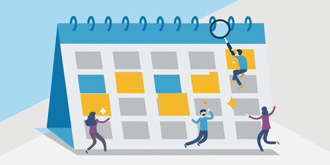 Team planning and scheduling with a calendar and magnifying glass