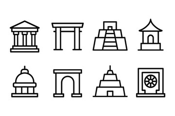 Historic building icons: ancient temples and structures in linear style