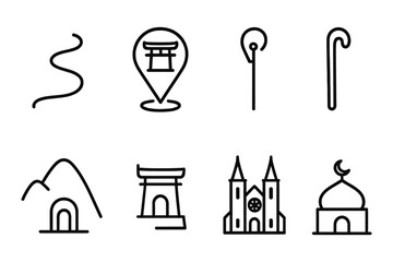 Minimalist religious symbols and locations line icons set