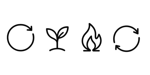 Minimalist eco and energy icons: recycle, growth, fire, refresh