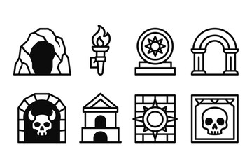 Dungeon and ancient symbol icons: line art collection in black and white