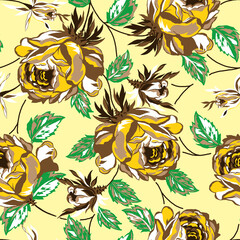 Vibrant yellow rose pattern design for textiles and wallpaper, adding a touch of modern floral elegance to your next project with this seamless repeat