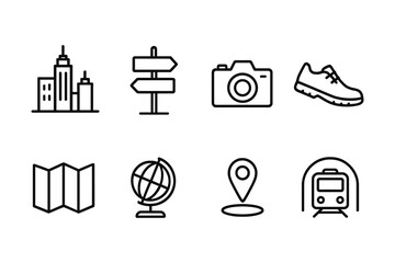 Linear travel and navigation icons set featuring camera and train