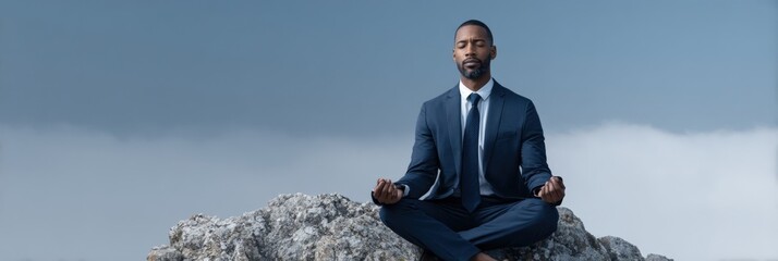 African male adult in suit meditating outdoors on rocky landscape
