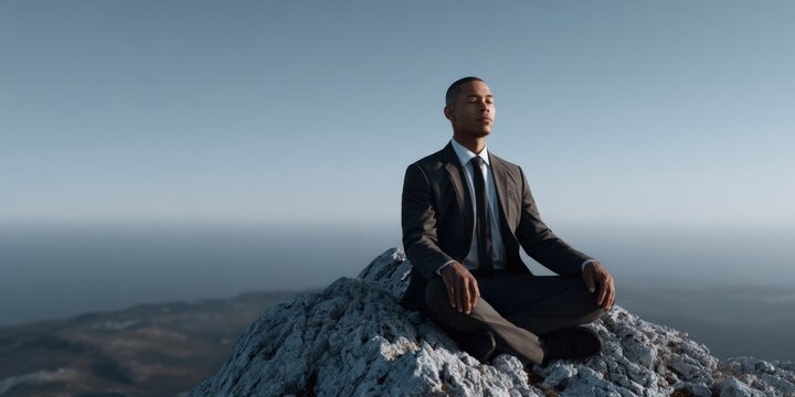 African male adult meditating in suit on mountain peak at sunrise