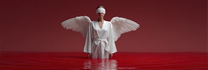 Obraz premium Female angel with blindfold in red water surreal art