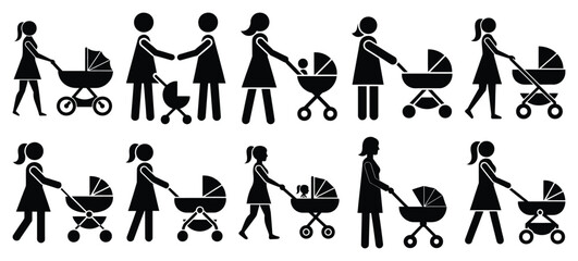 mother pushing stroller icon set, black color and white background