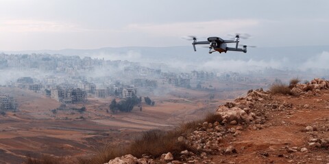 Drone flying over misty landscape with city in distance