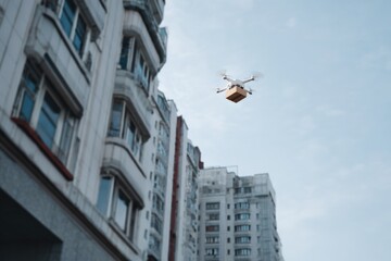Drone delivering package in urban cityscape with high-rise buildings