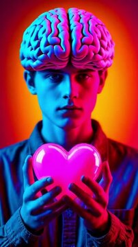 Neon Mind. A young man with a glowing brain on his head holds a radiant pink heart against a vibrant red and blue neon background. The surreal imagery symbolizes the fusion of intellect and emotion.