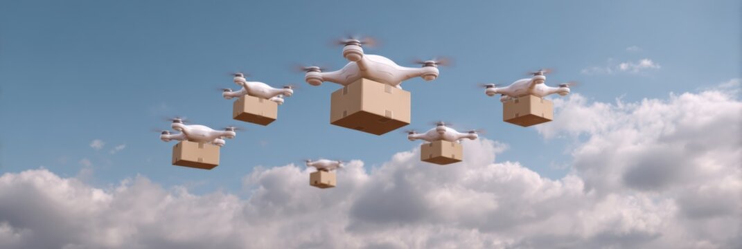 Autonomous delivery drones flying in formation with packages against cloudy sky