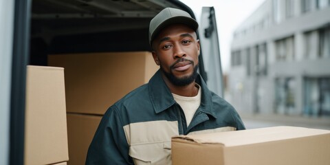 African male young delivery worker holding parcel in uniform near van