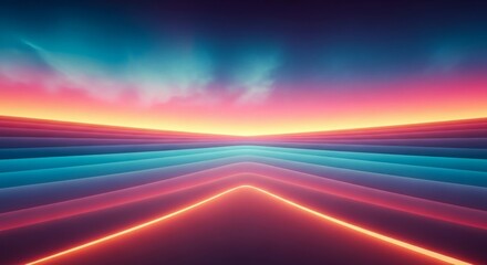 Vibrant abstract landscape with glowing neon lines converging at a dramatic sunset horizon.