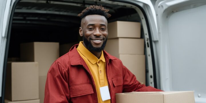 Young african male delivery worker holding box in van with packages