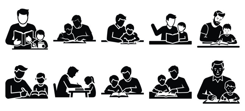 father teaching homework icon set, black color and white background