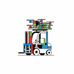 Modern forklift carrying cargo and drones representing technology and transport.