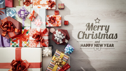 Festive Christmas gifts piled high, creating a joyous, heartwarming holiday scene with Merry Christmas and Happy New Year wishes for seasonal promotions