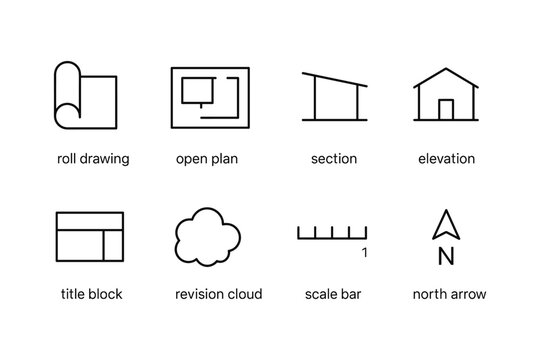 Architectural symbols flat design: roll drawing, open plan, section, elevation, and more