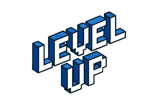 Isometric blue 3d level up text design for gaming and motivation themes