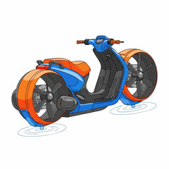 Futuristic blue and orange hoverbike concept illustration.