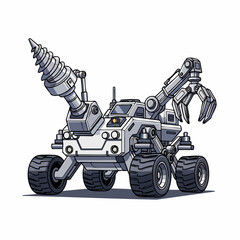 Detailed illustration of a futuristic robotic mining vehicle with drill and claw.