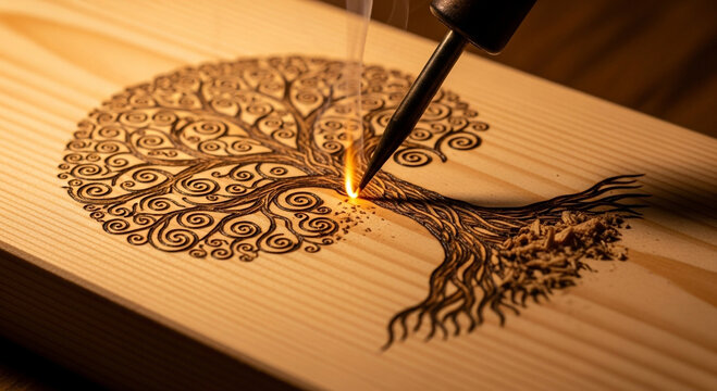 Close-up of wood burning art depicting a tree with intricate details and patterns.