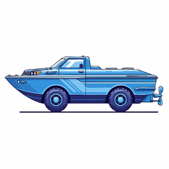 Blue amphibious vehicle combining truck and boat design.