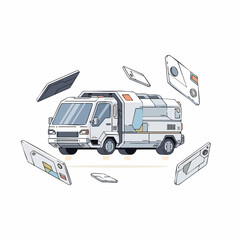Futuristic white van surrounded by floating tech panels in a digital illustration.