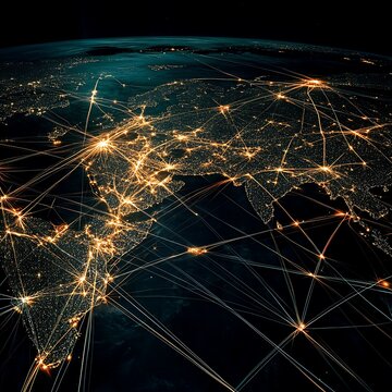 Global network connections visualized from space create stunning modern tech backdrop for business communications & presentations worldwide